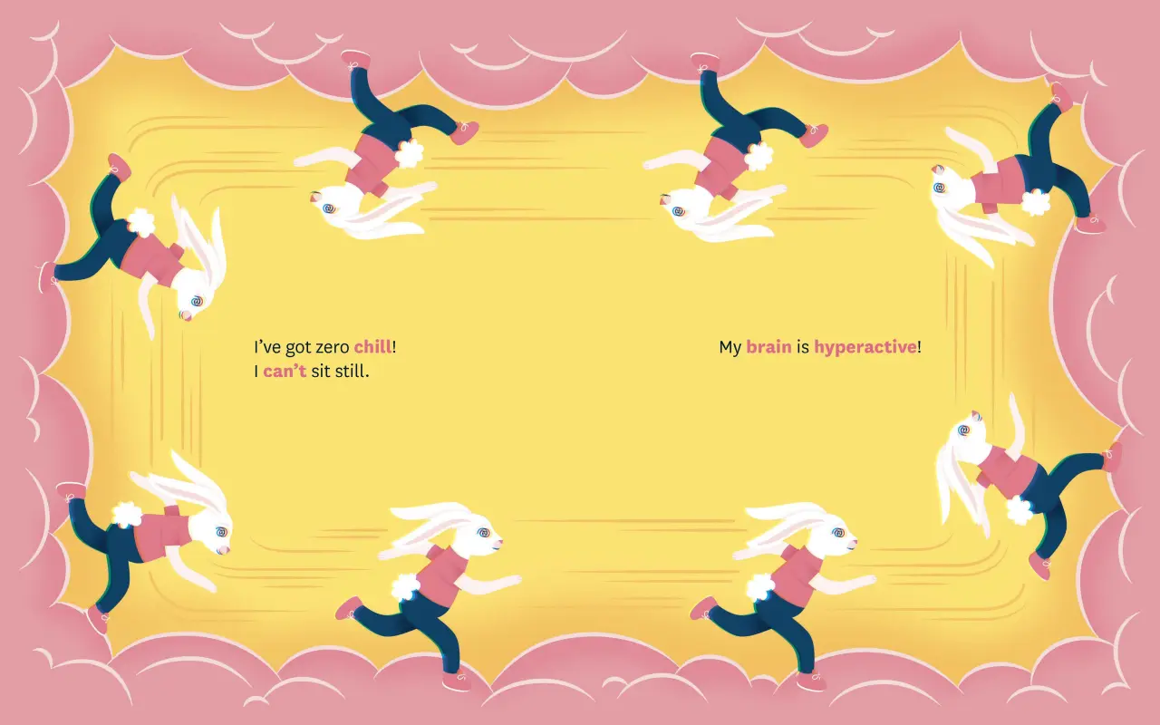 Colourful illustration of children playing and running against a yellow background with text reading "I've got zero chill! I can't sit still" and "My brain is hyperactive
