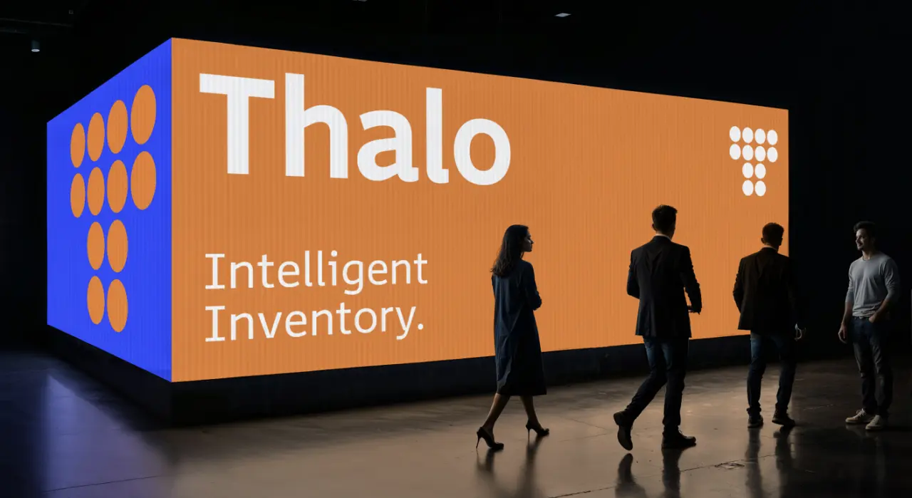 Large orange and blue illuminated sign displaying "Thalo Intelligent Inventory" with silhouetted figures walking past it in a dark space