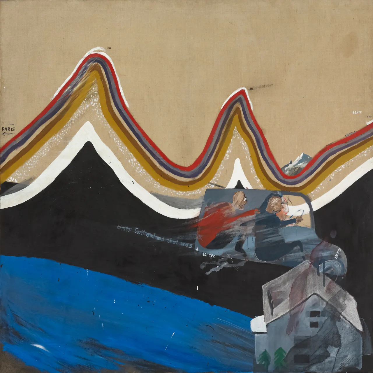 David Hockney Flight Into Italy - Swiss Landscape 1962 Oil on canvas 72 x 72" © David Hockney Photo Credit: Prudence Cuming Associates Collection Kunstpalast, Dusseldorf