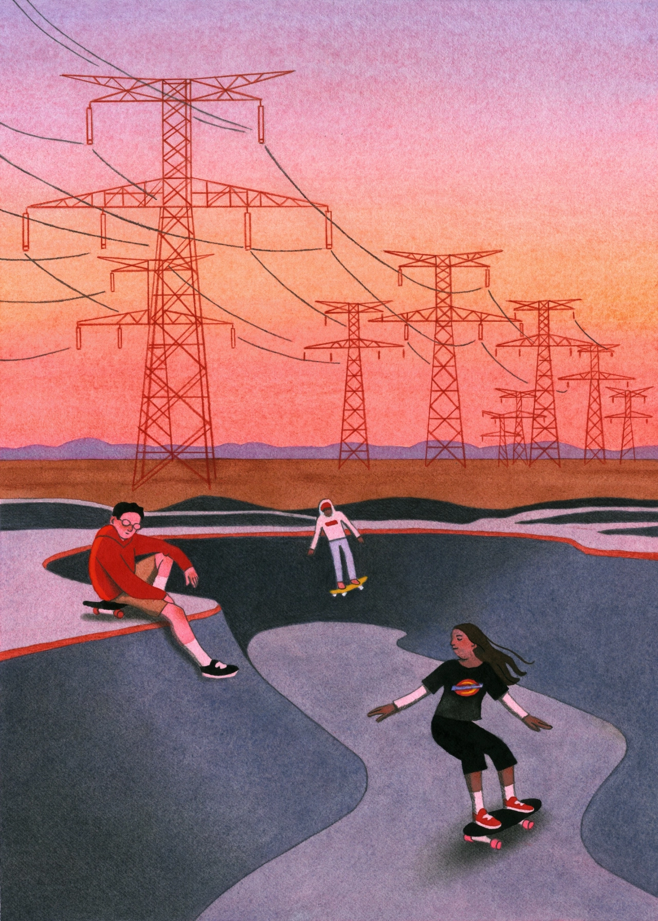 Three young skateboarders ride in a concrete skatepark beneath a dramatic sunset and row of electricity pylons stretching across the desert horizon
