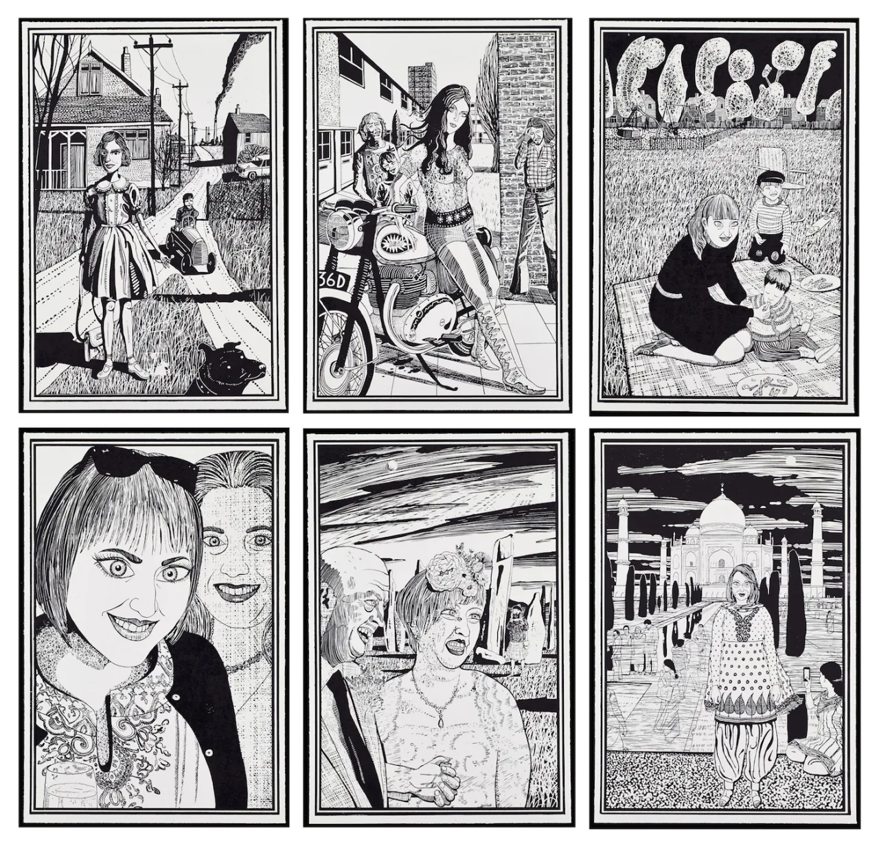Grayson Perry, Six Snapshots of Julie, 2015, Six woodcuts, Each: 72.5 x 48.5 cm 28 1/2 x 19 1/8 in Published by Paragon © Grayson Perry. Courtesy the artist, Paragon | Contemporary Editions Ltd and Victoria Miro, London