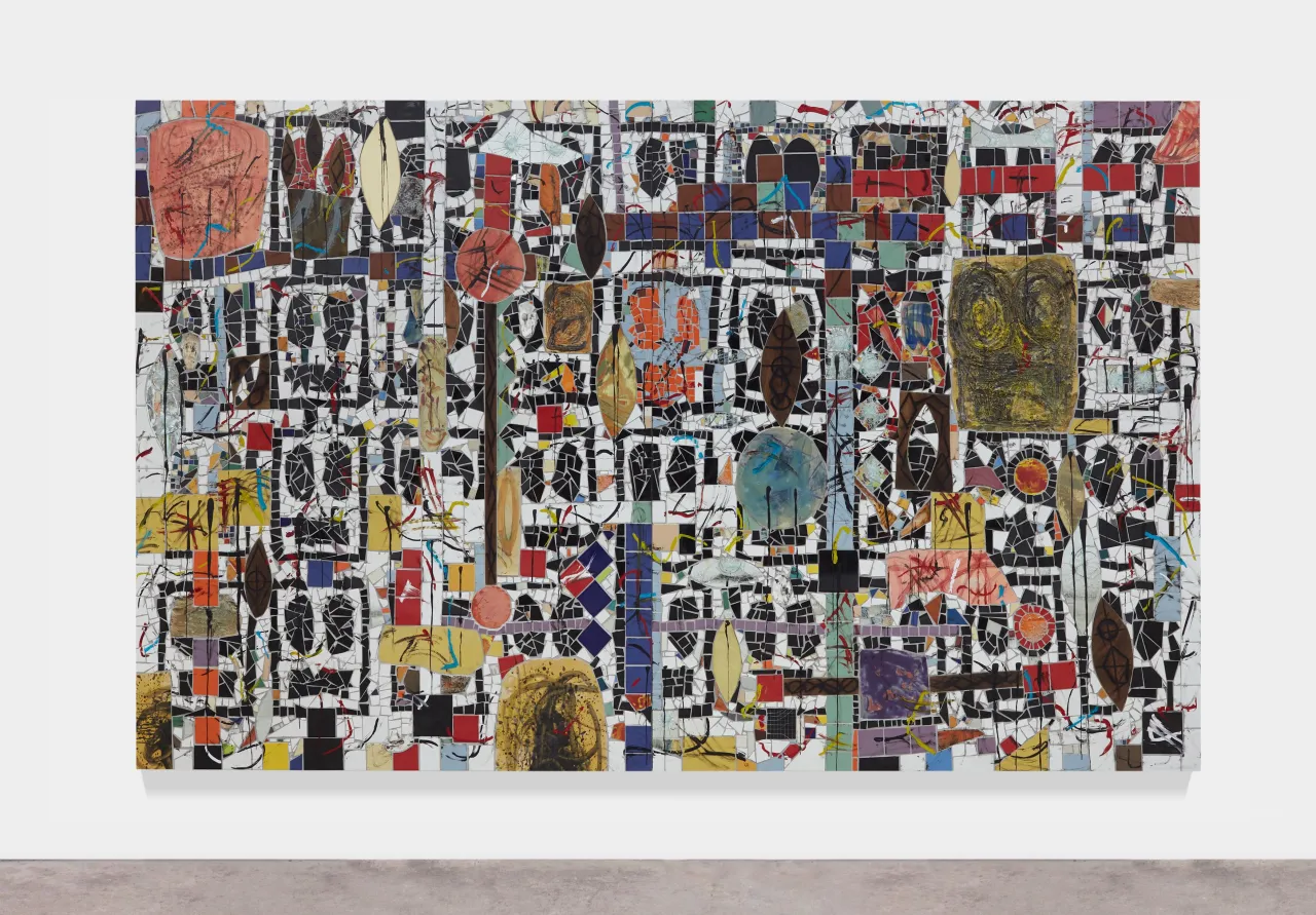 Rashid Johnson Broken Crowd 2020 Ceramic tile, mirror tile, spray enamel, oil stick, black soap, wax 240.7 x 403.9 x 3 cm Photo: Martin Parsekian