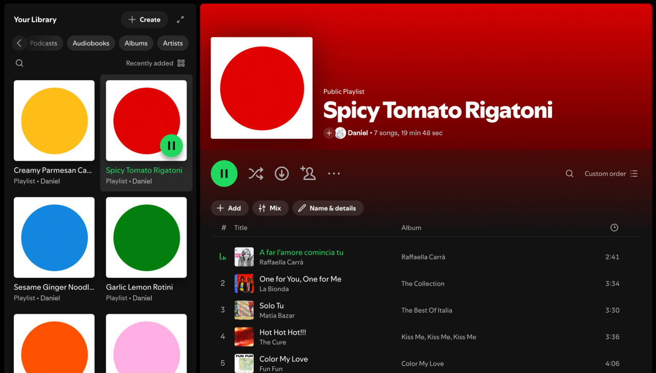 Riff meal kit packaging designed by Center, featuring a red circle on white background with chef Daniel Humm's Spicy Tomato Rigatoni playlist displayed on a music streaming interface