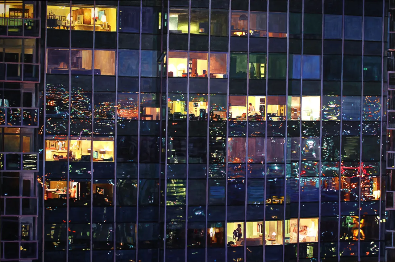 Dusk From the 27th Floor - Oil on paper adhered to wood, 2015