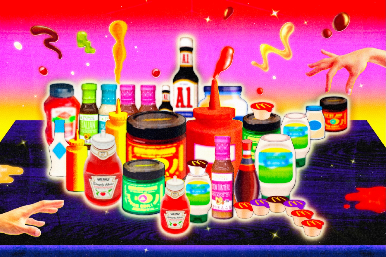 Colourful array of condiment bottles and jars arranged on a neon-lit platform against a vibrant gradient sky with floating hands and decorative elements