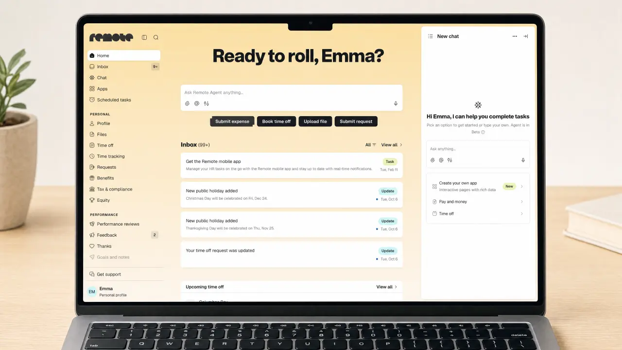 Remote's payroll dashboard displayed on a laptop screen showing tasks, inbox and an onboarding prompt