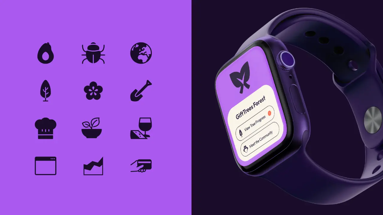 GiftTrees app interface on purple smartwatch displaying menu options, alongside twelve black icons on purple background including avocado, beetle, globe, leaf, flower, pickaxe, mushroom, seedling, wine glass, calendar, graph and hand symbols