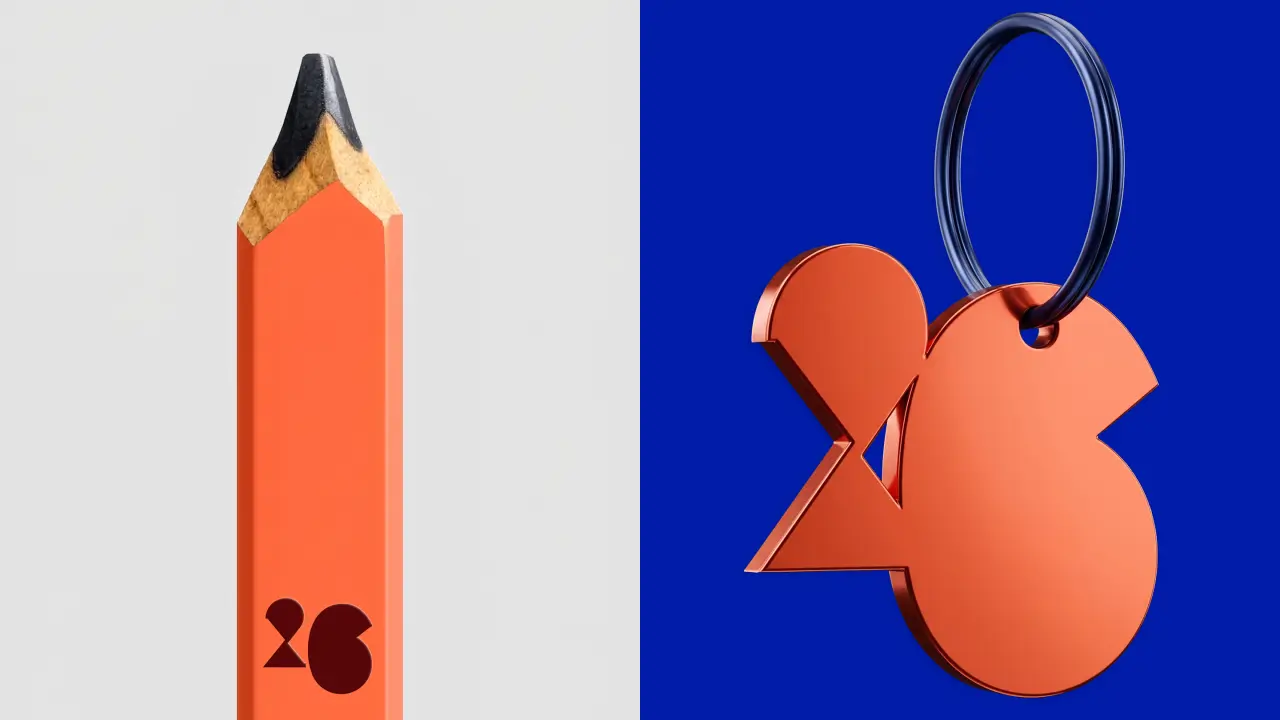 Orange pencil and playful character ornaments against neutral and blue backgrounds, part of the Design Doha Biennial 2026 identity by Pentagram