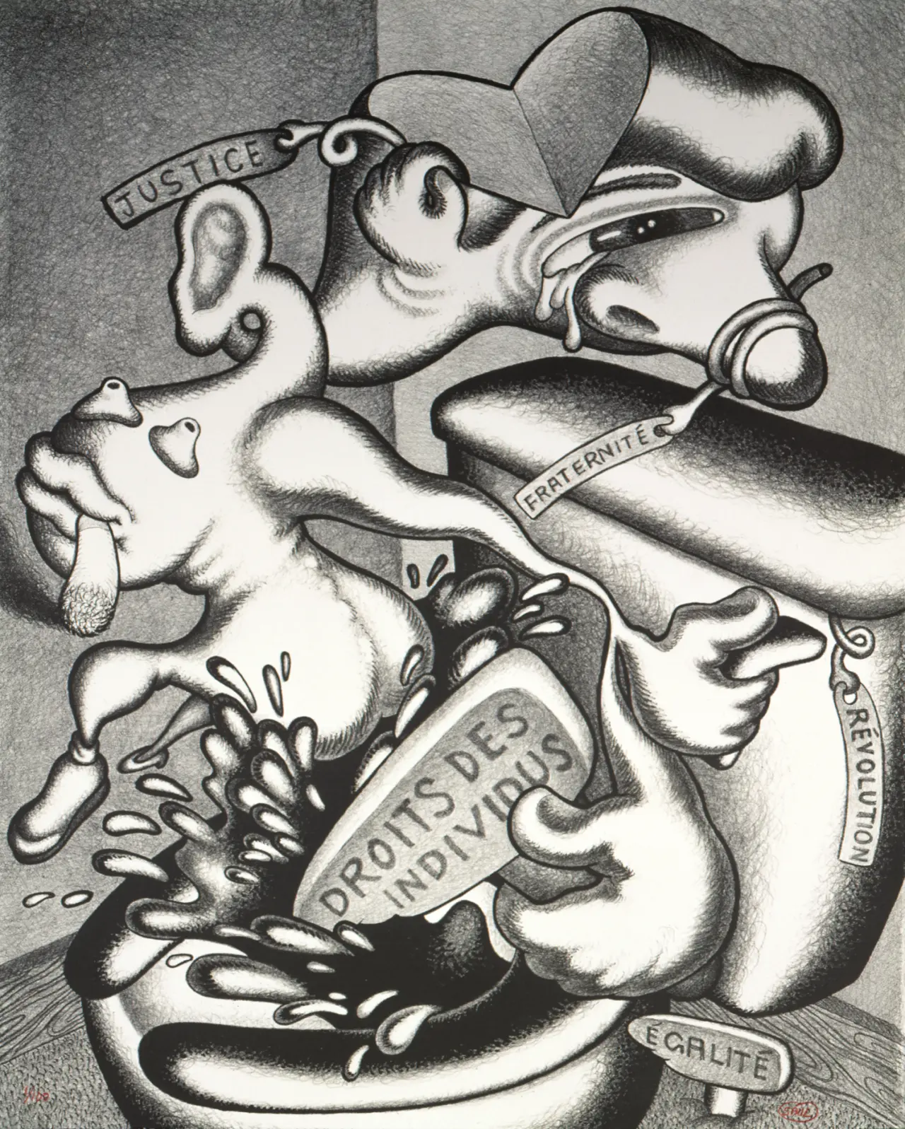 Peter Saul, Rights of the Individuals, 1989, coll. Centre national des arts plastiques, lithographie en NB, 70,7 x 55,6 cm © Peter Saul / Cnap /
