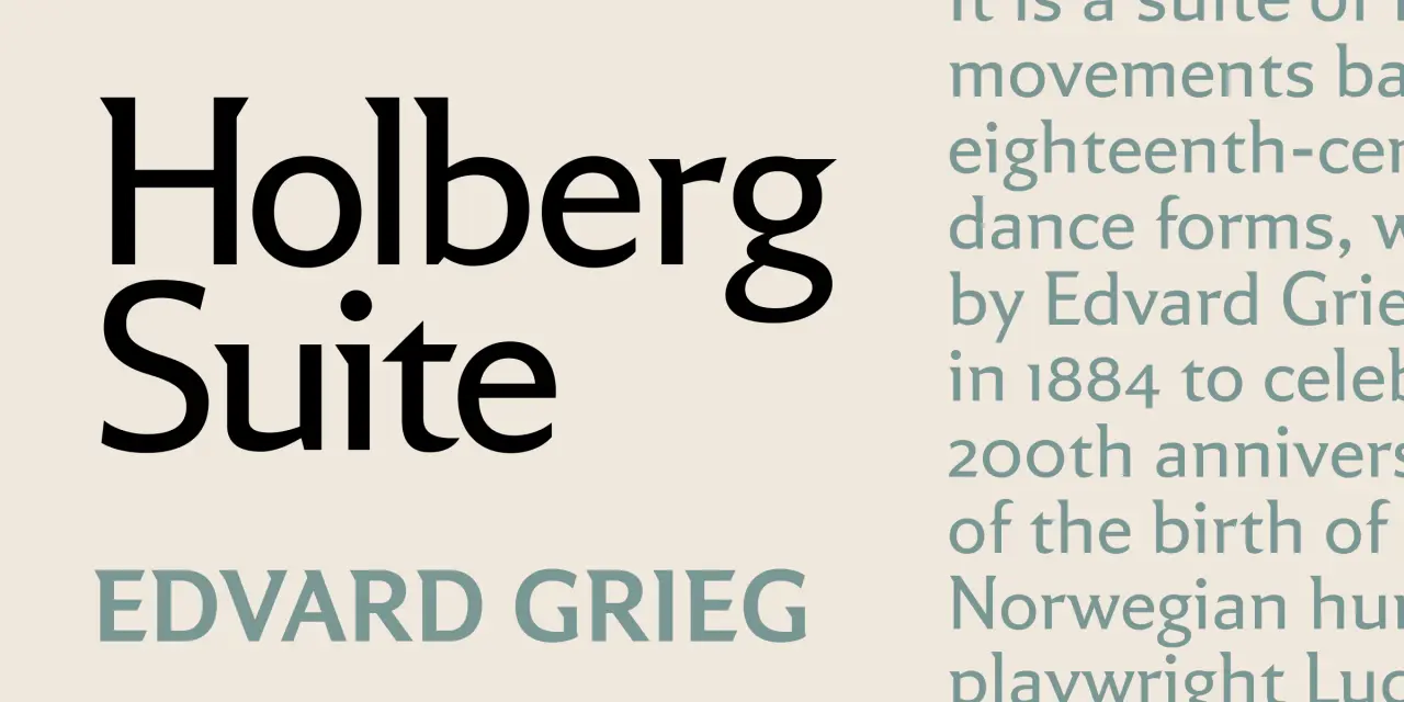Holberg Suite typeface specimen showing the title in large black sans-serif letters with Edward Grieg's name displayed below in smaller teal-coloured text