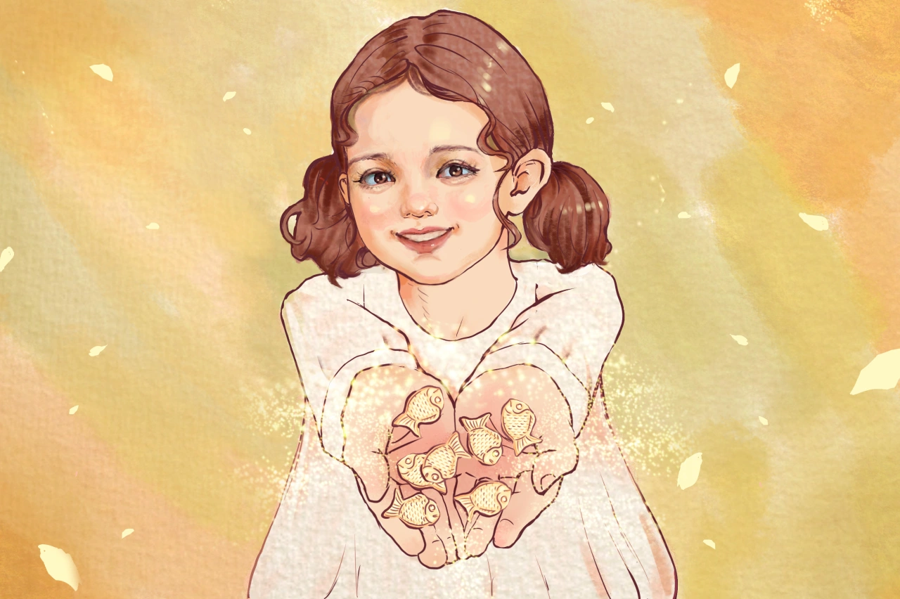 A smiling girl with pigtails holds out cupped hands full of glowing golden fish.