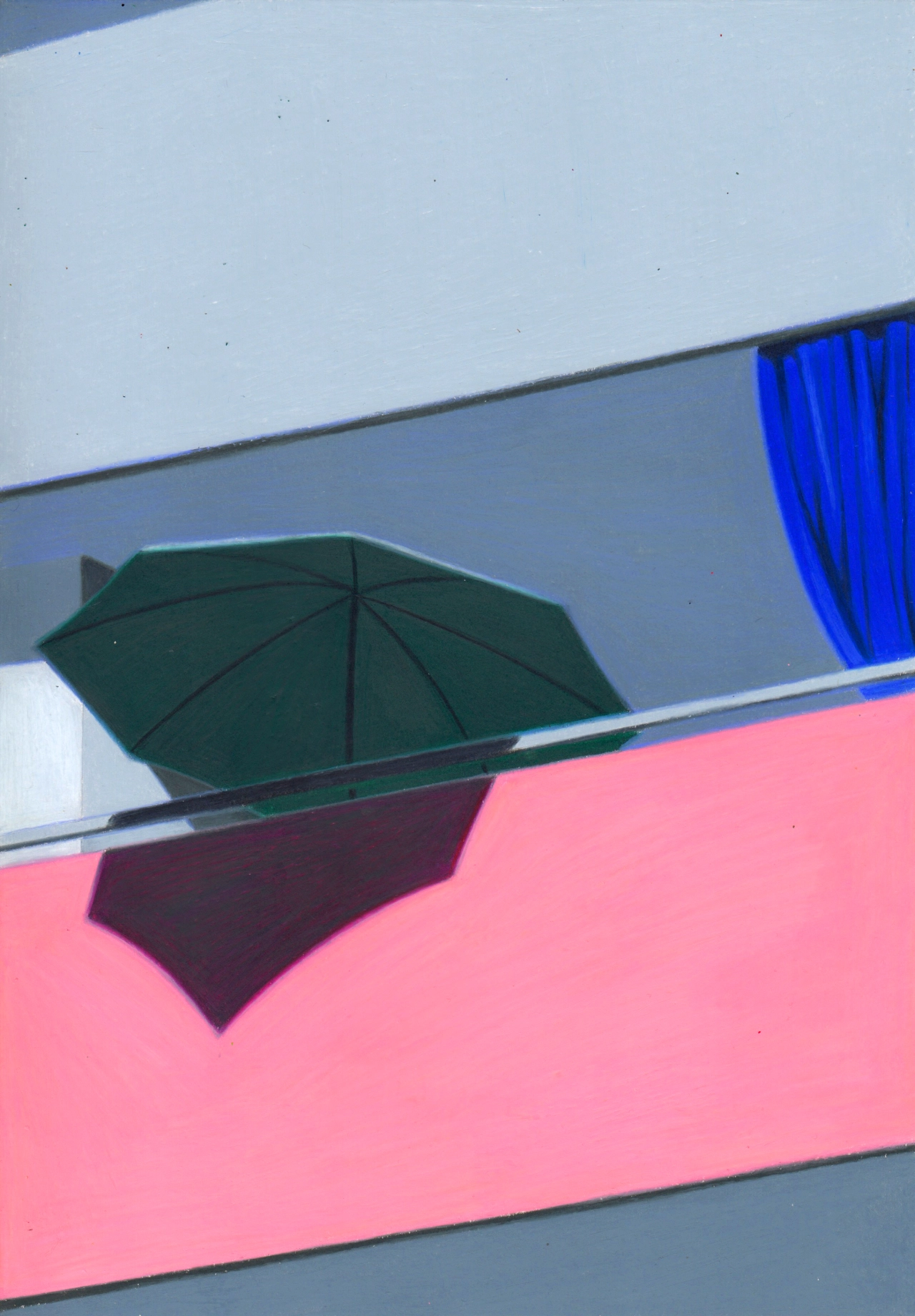 Dark green umbrella leaning against a horizontal wire with bright pink and blue geometric shapes in the background, casting a shadow on the coloured surface