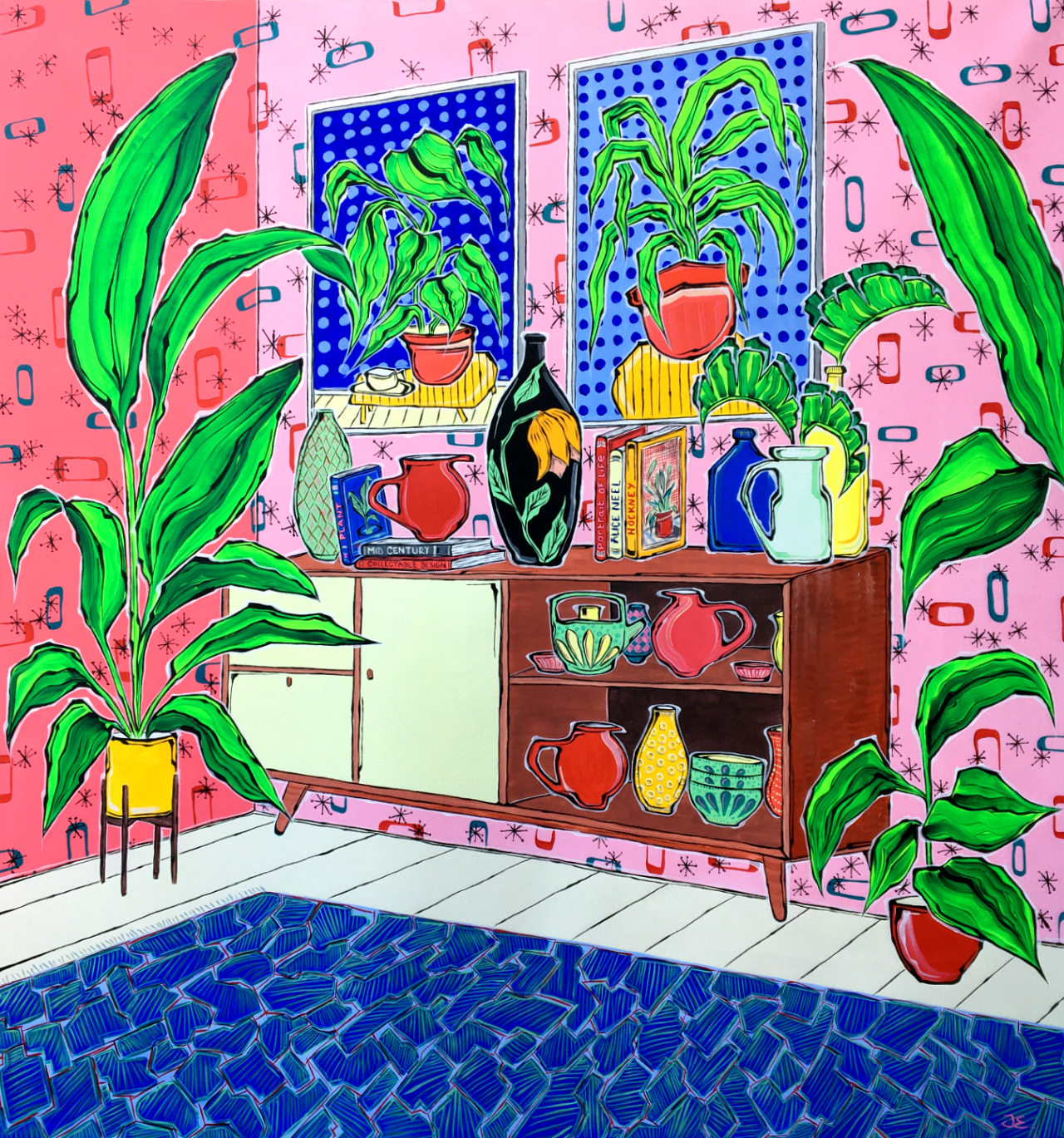 Vibrant colours and plants are recurring themes in Jonjo's work