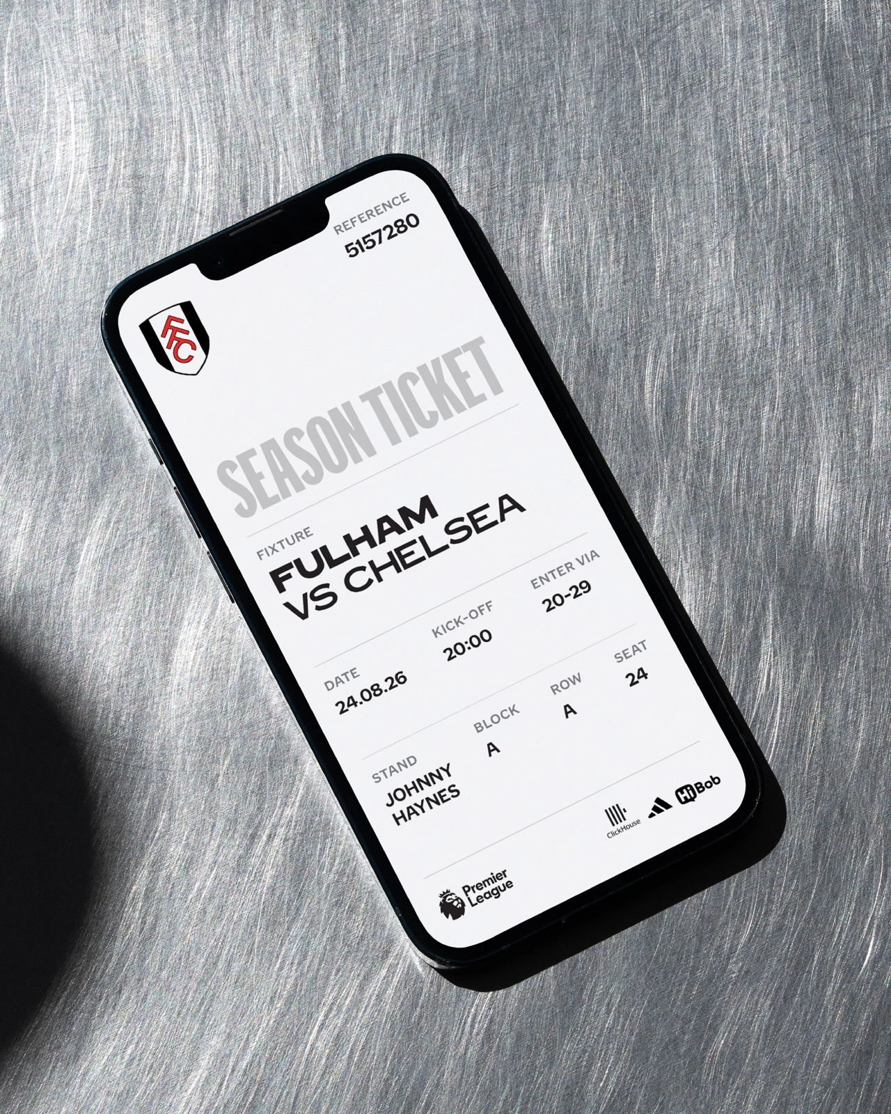 Digital Fulham FC season ticket displayed on a smartphone showing a match against Chelsea on 24.08.26 at Craven Cottage
