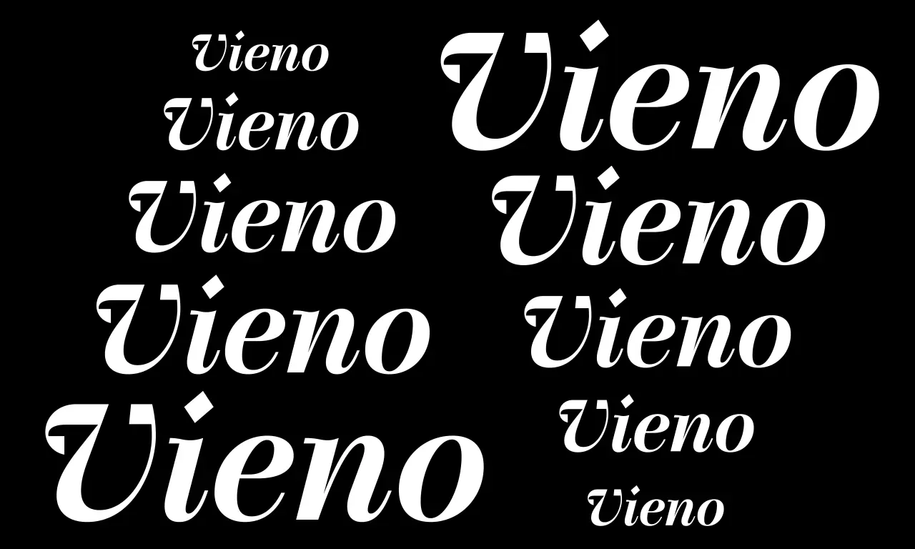 Vieno typeface name repeated in various sizes and styles on black background