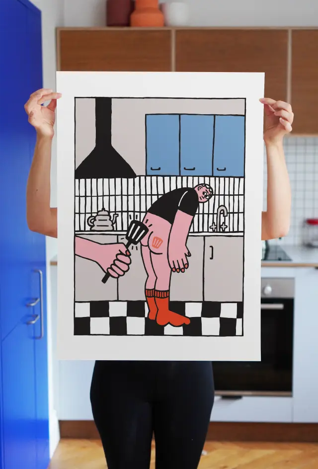 Illustration of a woman in a kitchen holding a whisk, wearing pink trousers and red socks, with a black and white checkered floor and blue window behind her