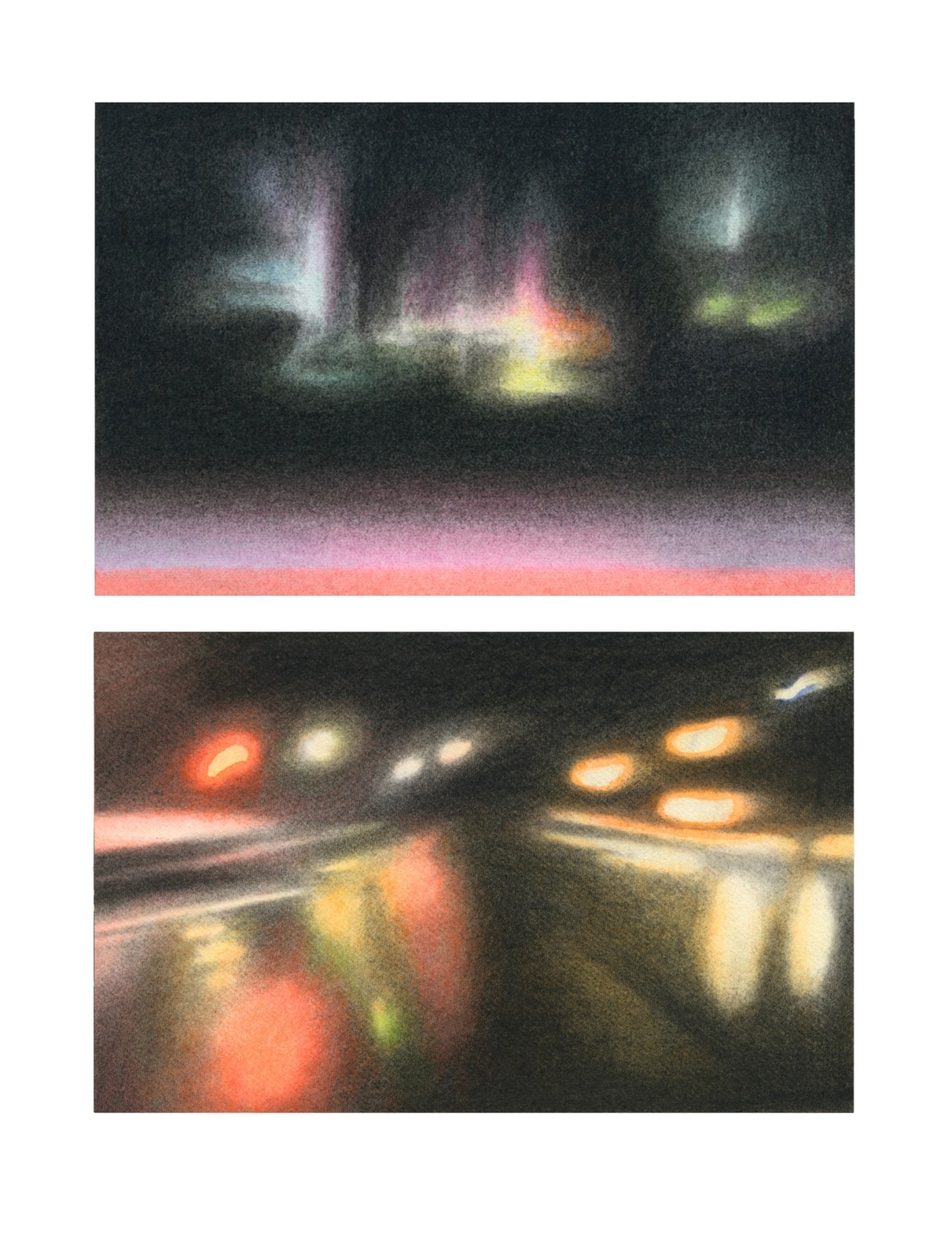Two soft-focus drawings: the top shows ethereal glowing lights above a pink horizon; the bottom depicts blurred car headlights and street lights at night