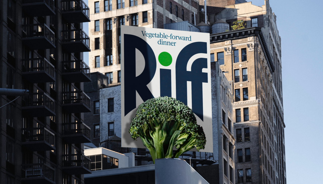 Large outdoor advertisement for Riff meal kits showing the brand logo with a fresh broccoli floret and "Vegetable-forward dinner" tagline against New York City buildings
