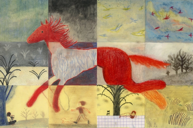 Red horse with flowing mane gallops across a patchwork grid of illustrated scenes including birds, fields, trees and a child, by Simji Park