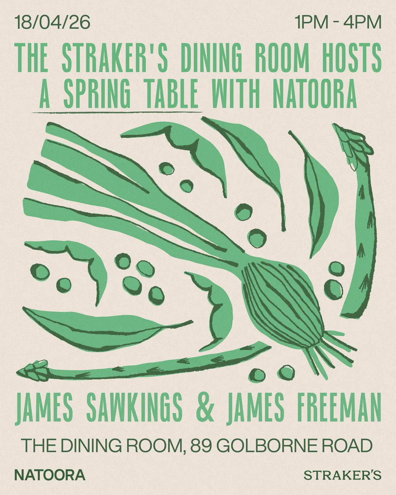 Poster advertising a spring table event at The Straker's Dining Room featuring illustrated green vegetables and legumes on a cream background