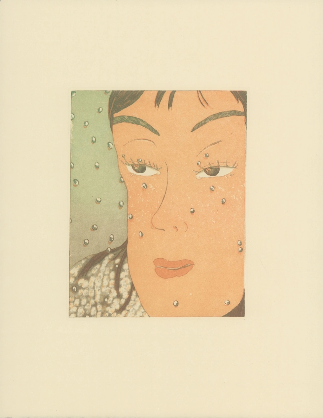 Stylised portrait of a woman's face with closed eyes and freckles, wearing a green textured headscarf