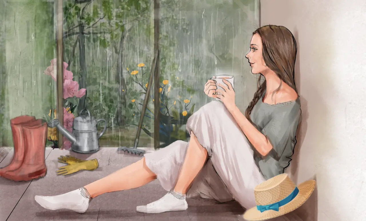 A woman  holds a teacup next to a window