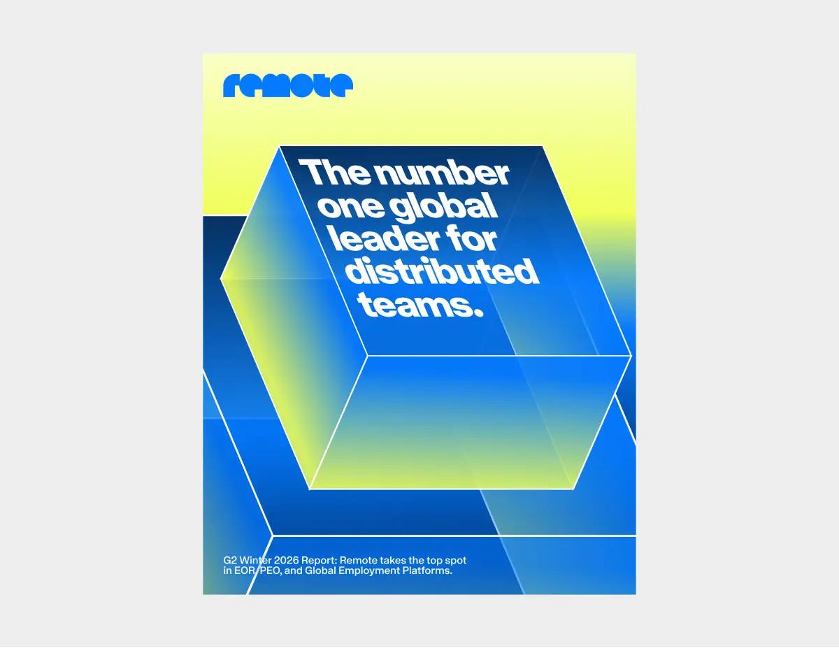 Blue isometric hexagonal shape with yellow-green gradient on a yellow background, featuring Remote's claim as the number one global leader for distributed teams