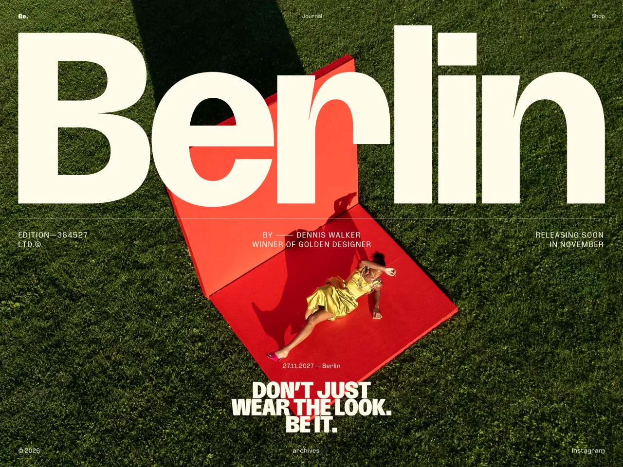 Cream and red typographic design for Berlin typeface by Dennis Walker, featuring a gold figure silhouette against a red geometric shape on grass-textured green background