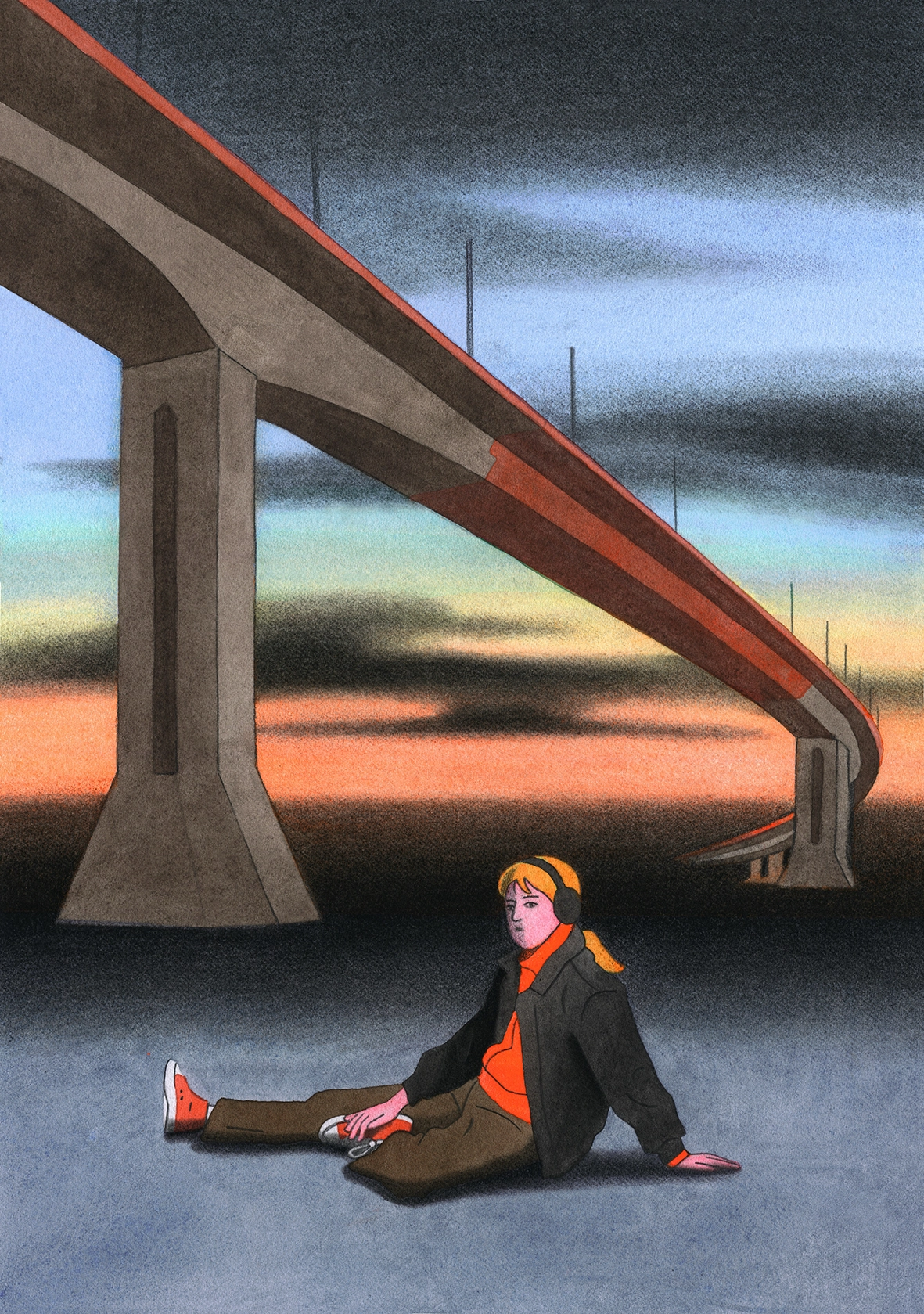Figure in orange and black clothing sitting beneath a massive concrete bridge with red steel beam against a dramatic sunset sky