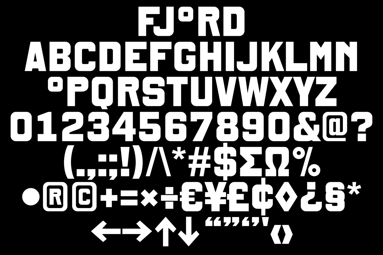 Fjord typeface displaying the complete alphabet, numerals, punctuation marks and special characters in white on black background