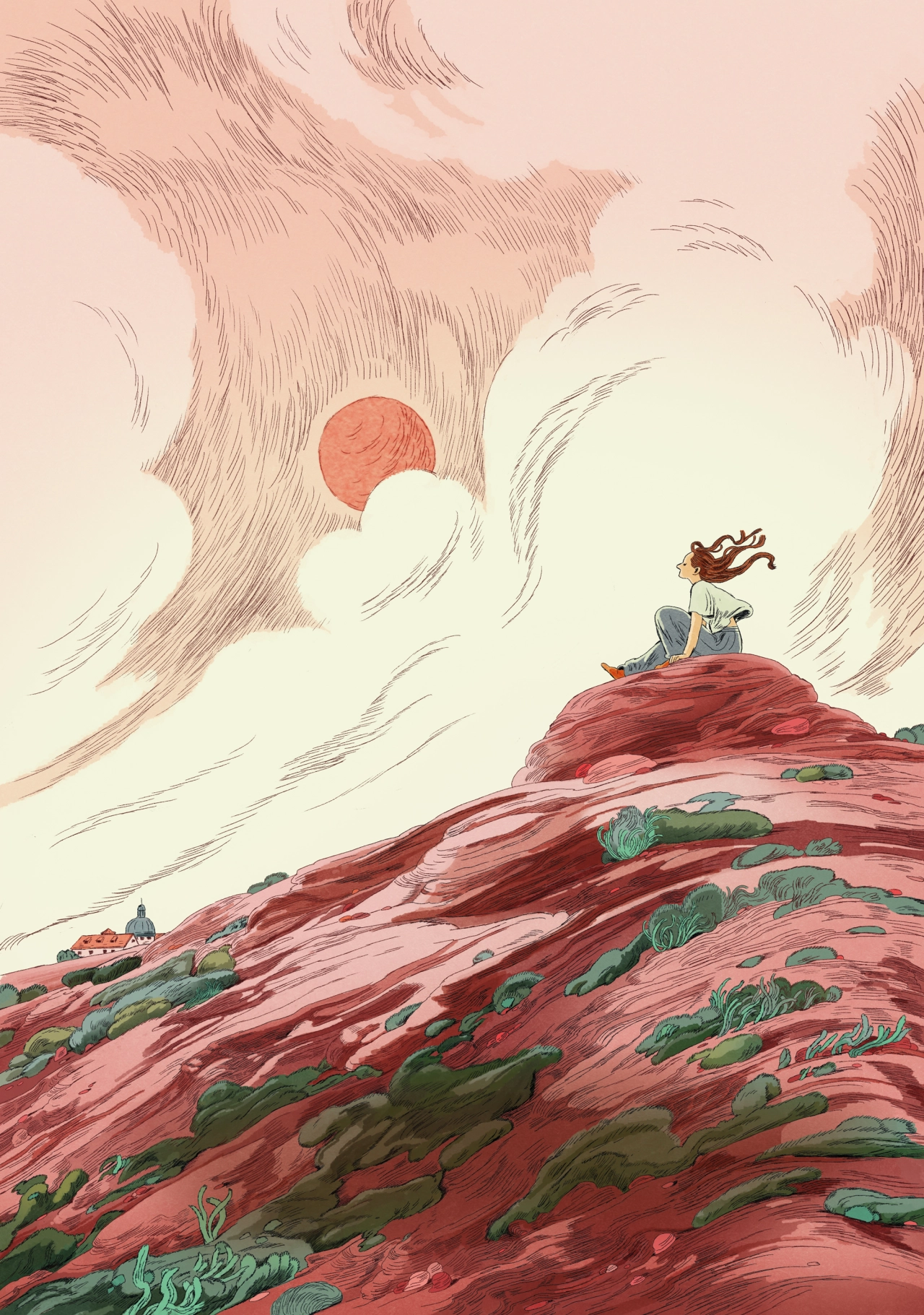 Figure in flowing clothes stands atop a red rocky landscape beneath swirling clouds and a red sun, hair and fabric catching the wind