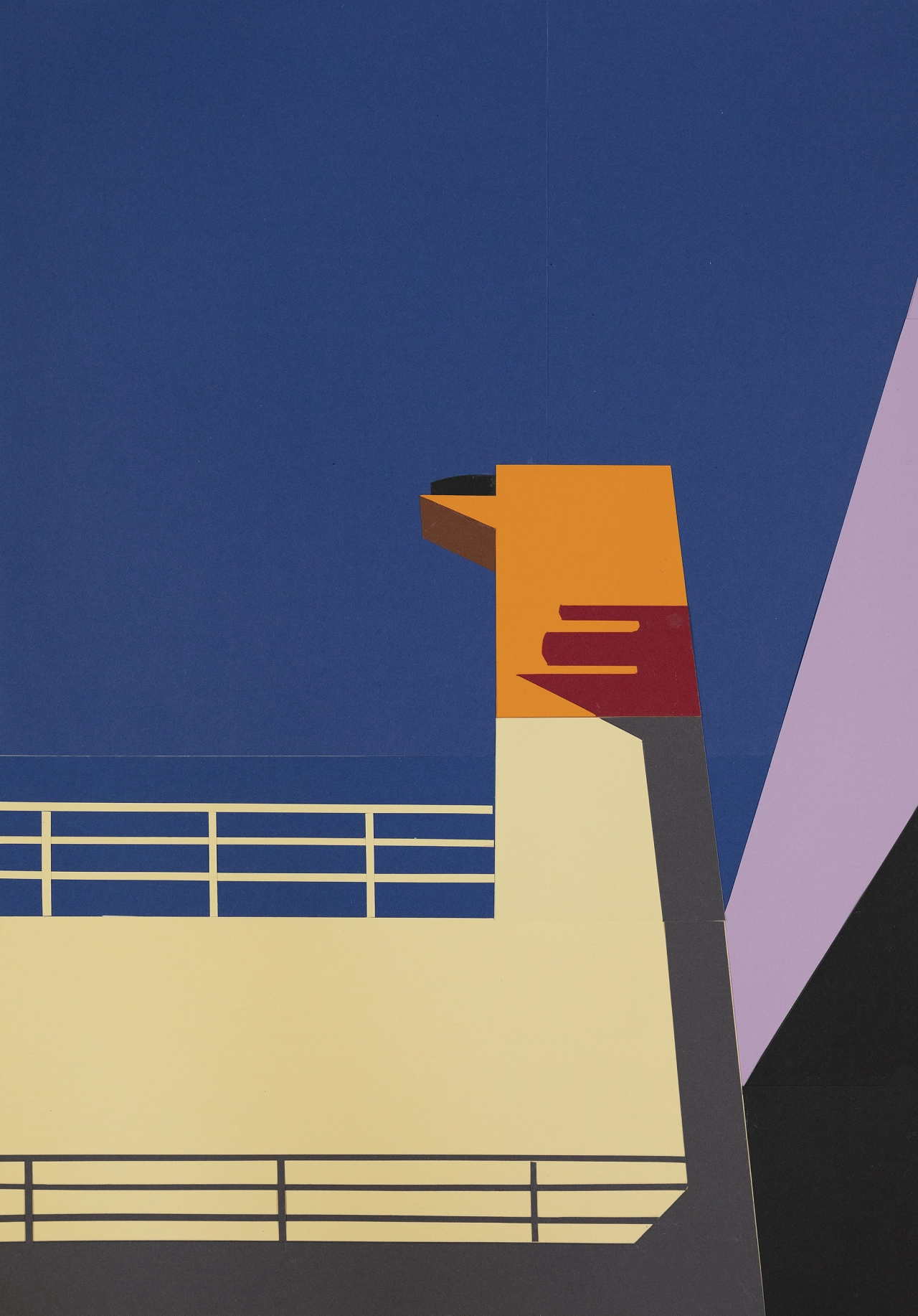Geometric paper collage illustration of a modernist building with an orange funnel structure, cream-coloured facade and railings against a deep blue sky and pink wall
