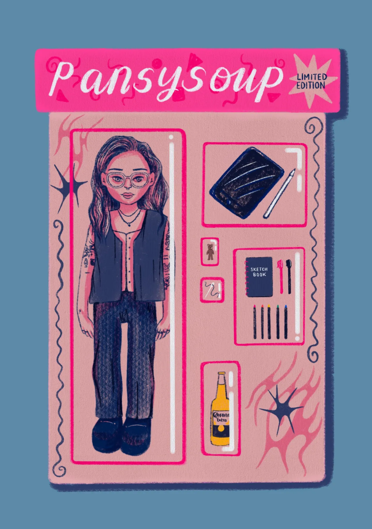 Illustration by [Caroline Murphy](http://instagram.com/pansysoup). "I wanted to create my own version of the doll starter pack because generative AI is so awful for the environment," says Caroline. "Not to mention everyone’s dolls all looked the same with no room for individuality or creativity! It has been so lovely to see artists make their own version of the trend and I had to be part of it."