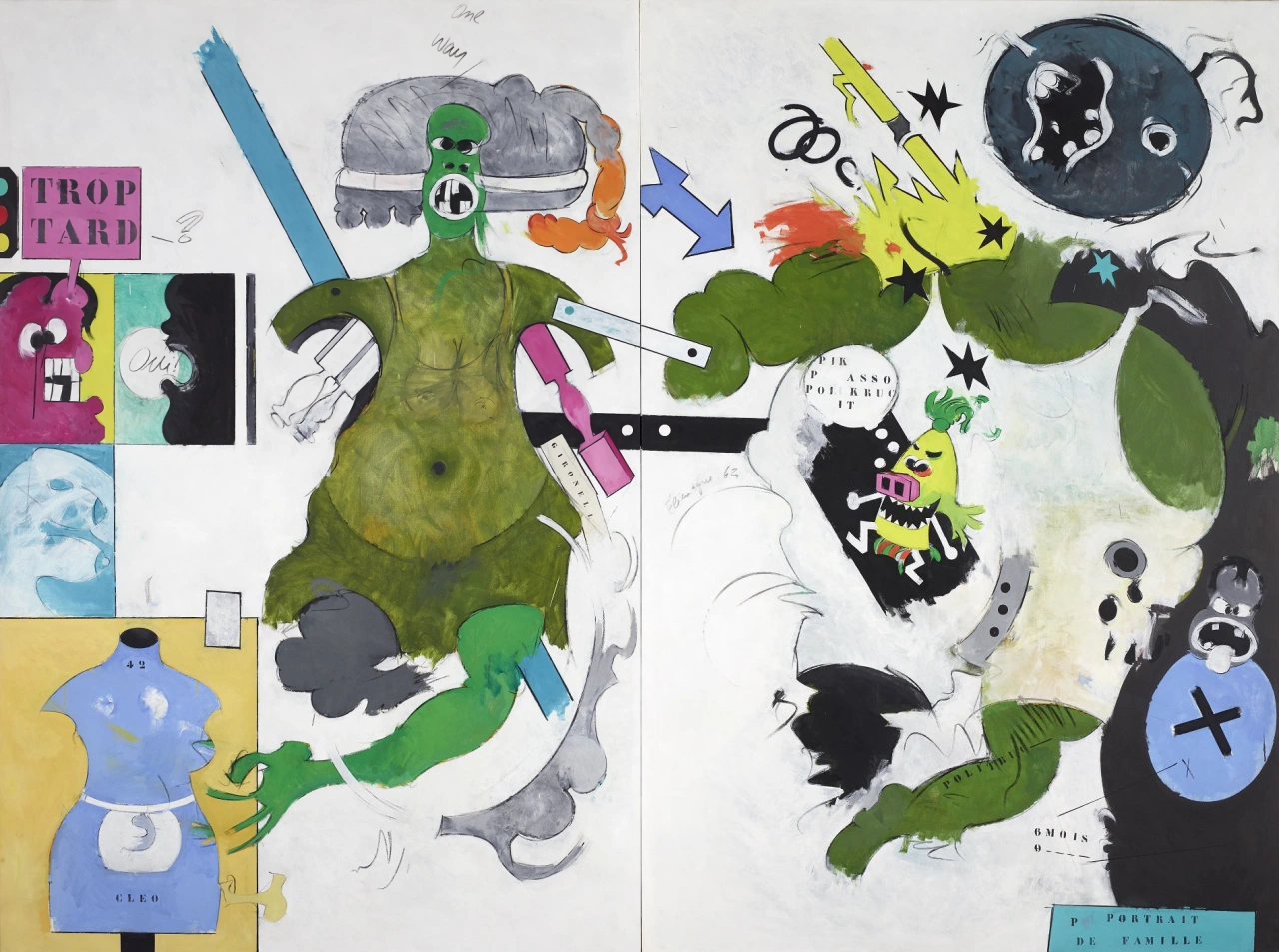 Hervé Télémaque, Portrait de Famille, 1962-63, Oil on canvas 195.3 x 260.3 cm. Photograph: Fondation Gandur pour l’Art, Genève / André Morin © Hervé Télémaque, ADAGP, Paris and DACS, London 2021.