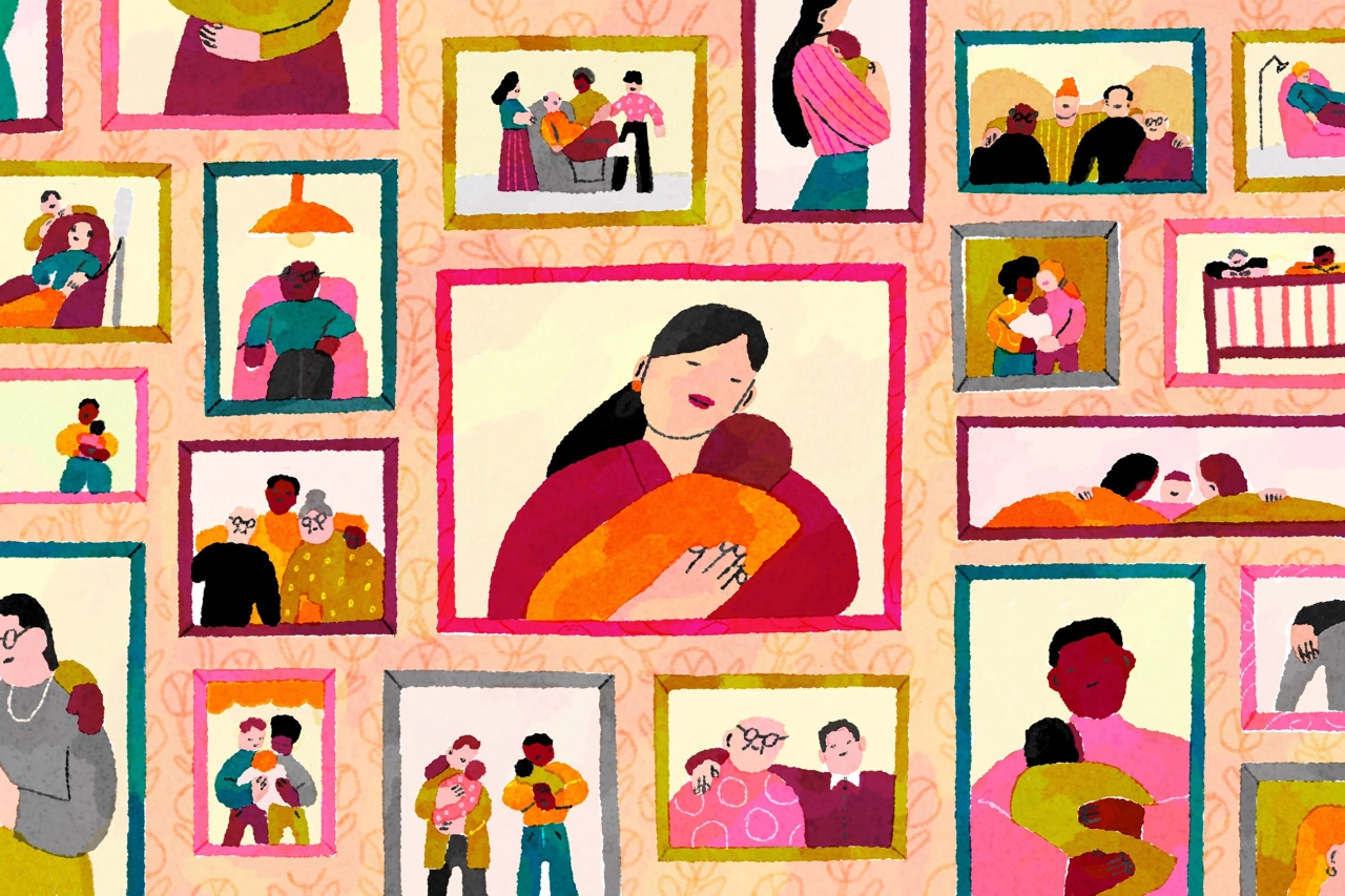Colourful illustration showing multiple framed scenes of parents and children in various intimate moments, including hugging, playing and caring for babies, arranged in a patchwork grid pattern