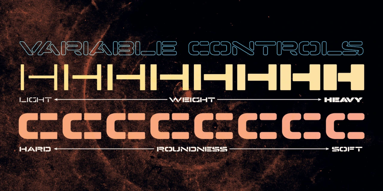 Variable controls diagram for Hyperspace Cargo typeface showing weight axis from light to heavy and roundedness axis from hard to soft
