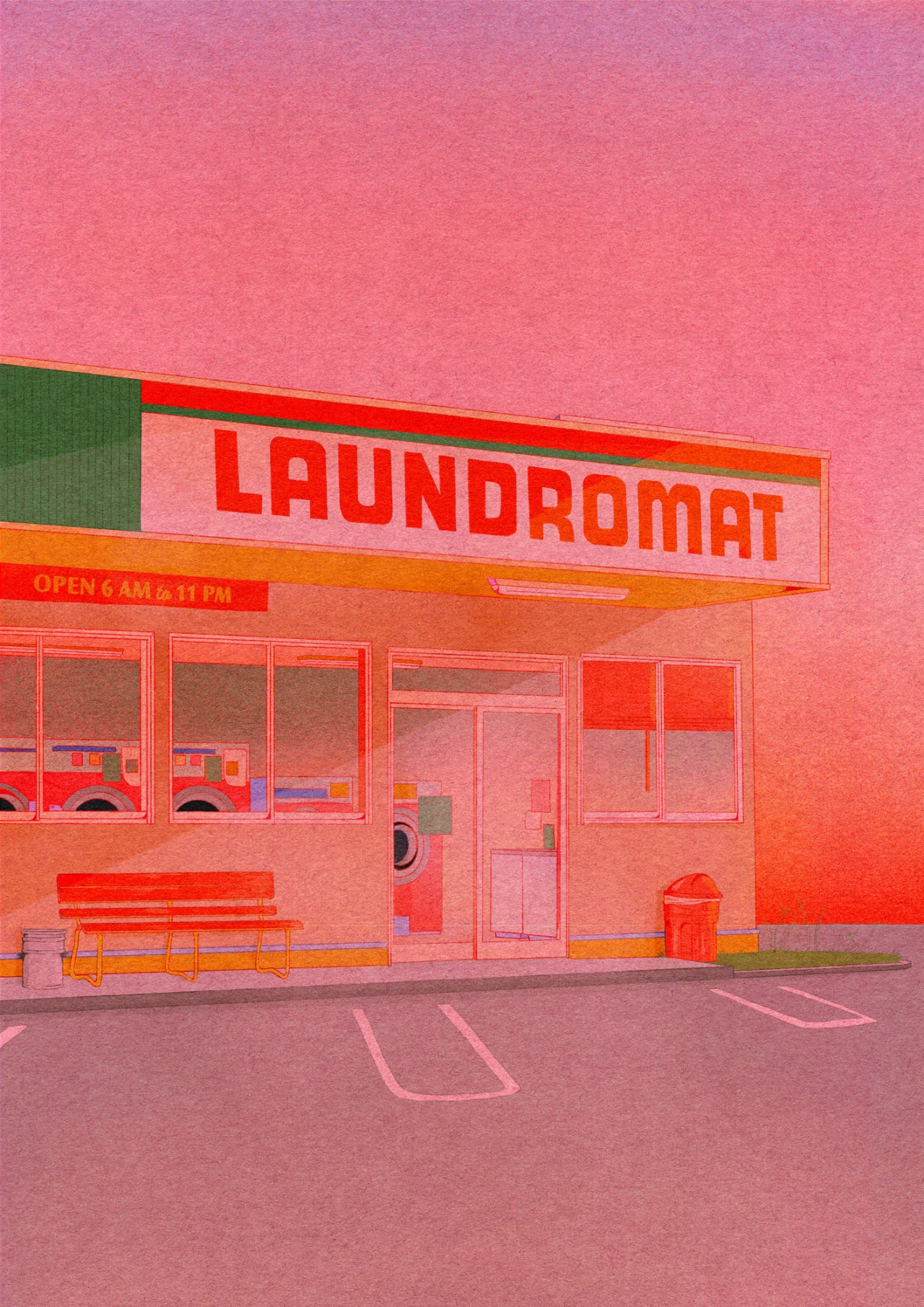 A bright coral-pink laundromat storefront with red signage, large windows showing washing machines, a bench outside and parking spaces, against a hot pink sky