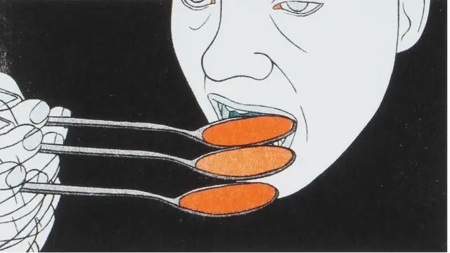 Animated character with distressed expression holding three orange spoons near their mouth against a black background