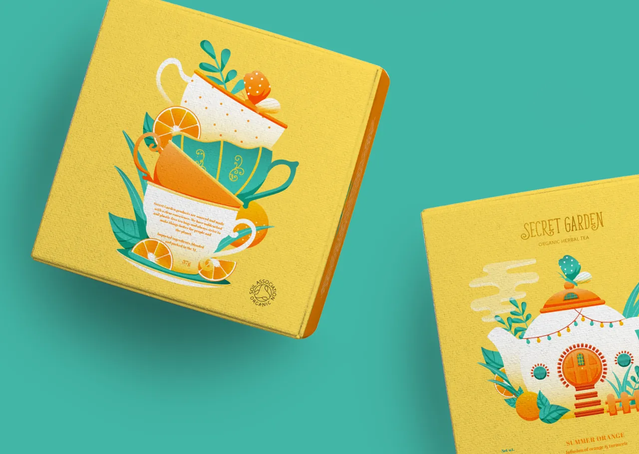 Yellow tea packaging boxes for Secret Garden with illustrated teapots and citrus fruits surrounded by decorative foliage on turquoise background