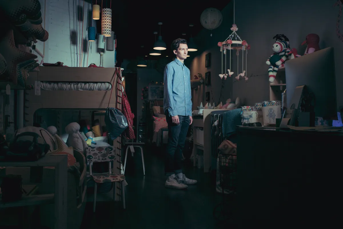 Drew Scott Alexander, actor & salespeople in a children's furniture store