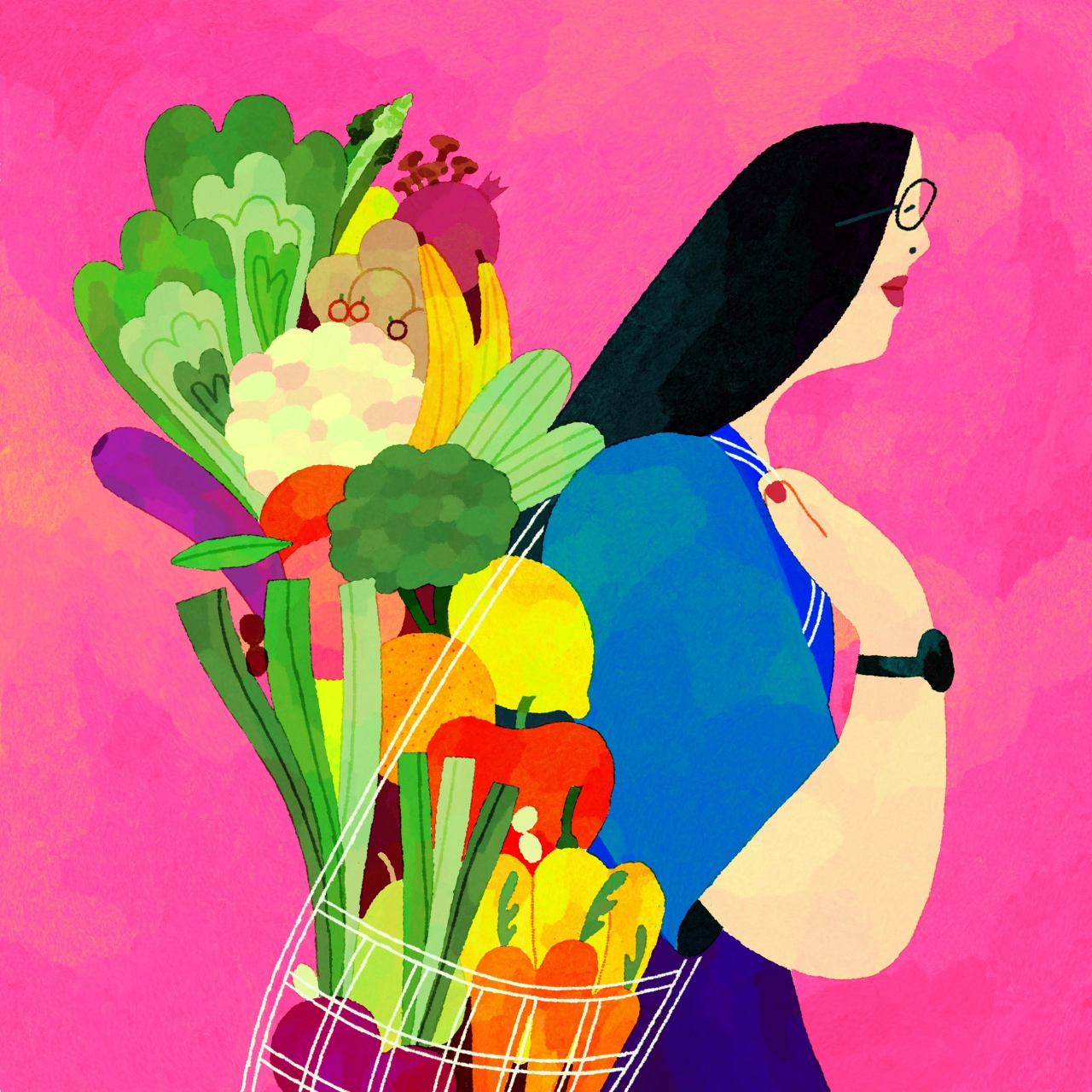 Woman with long black hair wearing blue holding a shopping basket overflowing with colourful fresh vegetables and fruit against a bright pink background