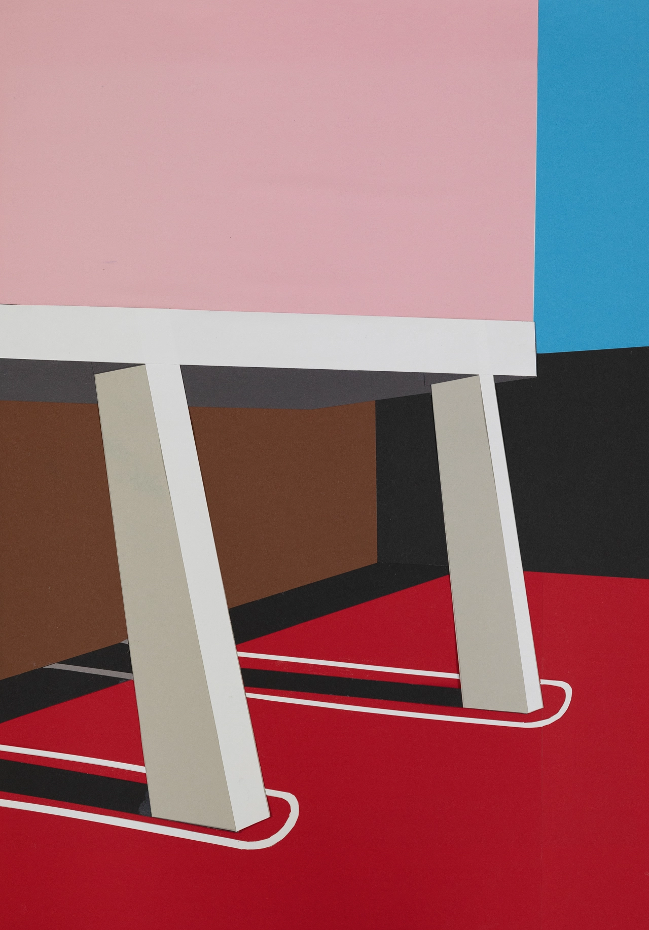 Abstract paper collage artwork by Ana Popescu depicting geometric architectural forms with pink, blue, brown, black and red blocks of colour with white pillar shapes