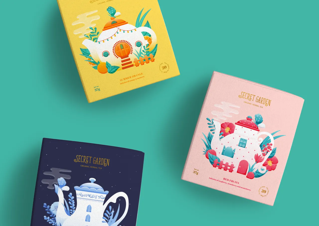 Three Secret Garden tea boxes with colourful illustrated covers featuring teapots as houses, designed by Noa Maller, arranged on a turquoise background