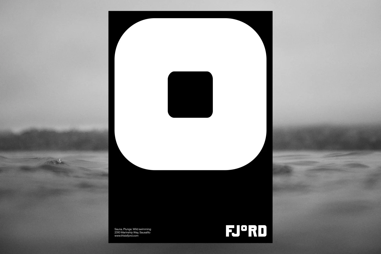 Black and white poster for Fjord sauna with a large rounded square containing a smaller black square, set against a stormy seascape background