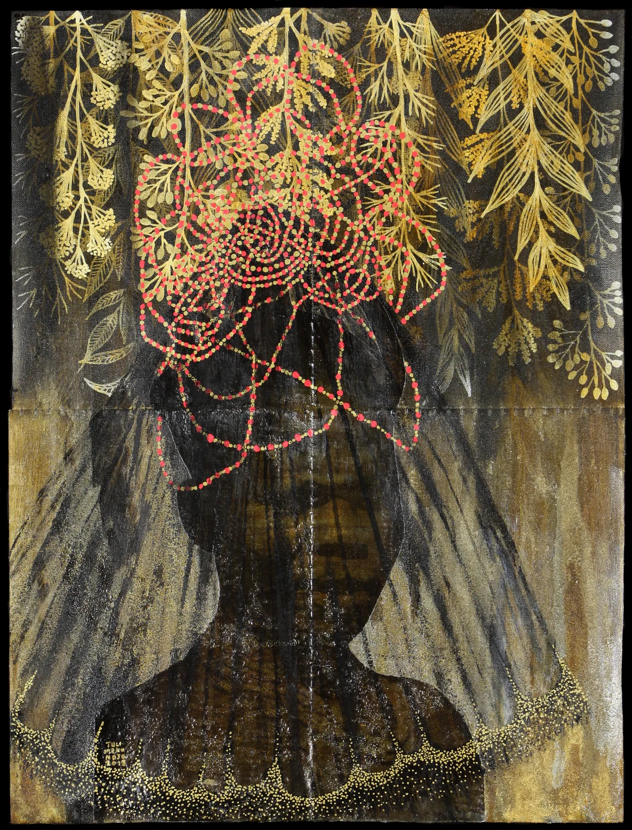Tuli Mekondjo (Namibia), Onghulungubu Hai Pwa Makiya / Grandmothers always have wise things to say (2019), mix media on canvas. Courtesy of the artist and Guns & Rain Gallery
