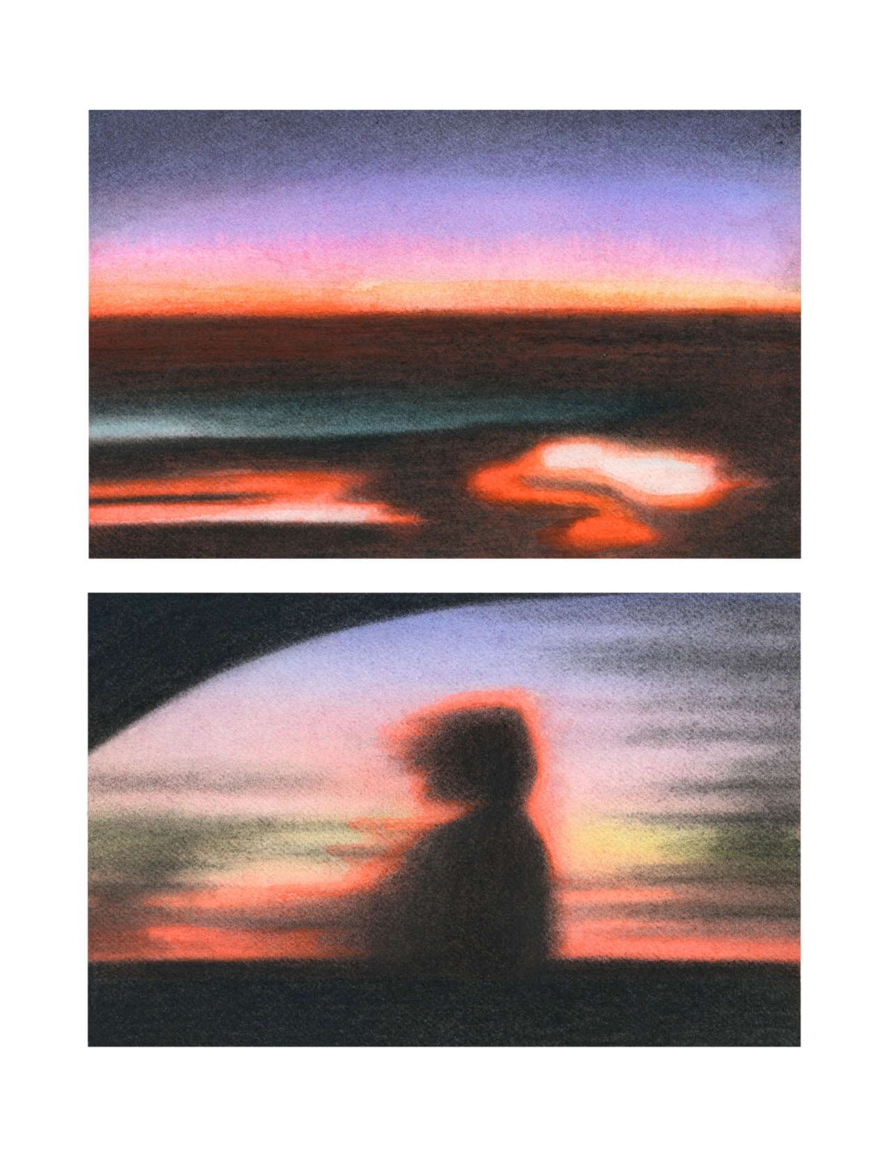 Two soft-focus landscape scenes at sunset and dusk, with glowing orange and pink light reflecting on water and a silhouetted figure gazing at the horizon