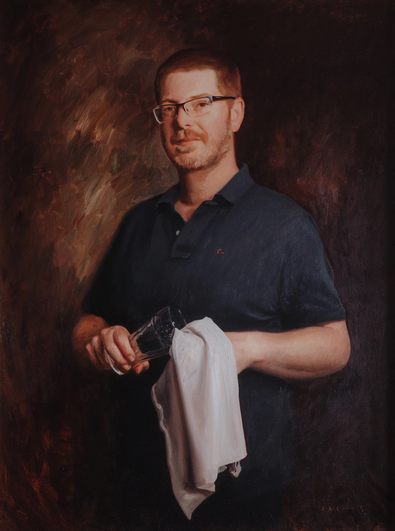 Man wearing glasses and navy polo shirt holding a black camera and white cloth against a warm brown background, painted as an official portrait in oils