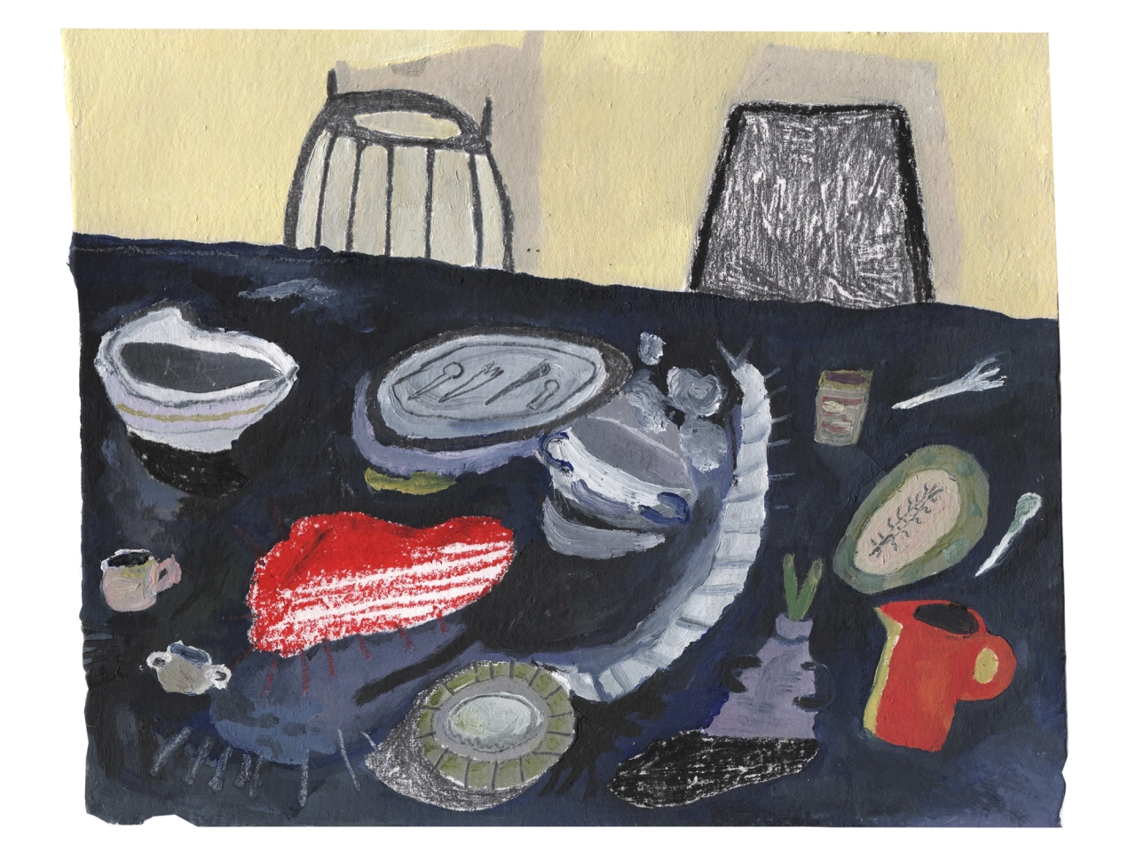 Still life arrangement of household objects including bowls, plates, a red brushstroke, a red jug and baskets painted on a dark background