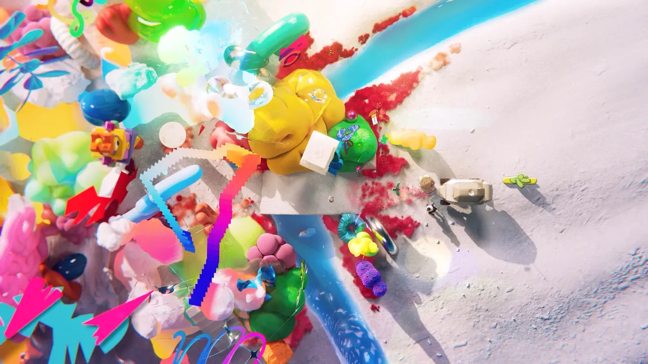 Colourful paper and plastic craft materials explode outward from a white surface in Art&Graft's In Pursuit of Magic film