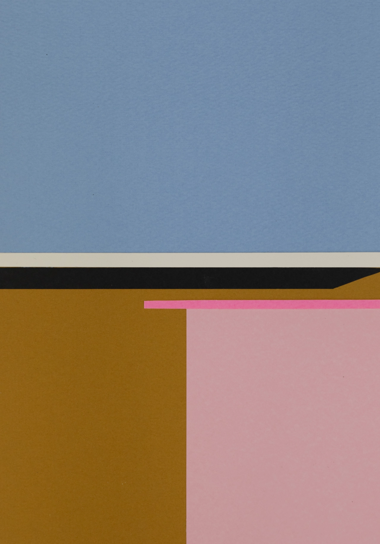 Geometric paper collage with blue sky, black stripe, ochre rectangle and pink section divided by thin coloured lines